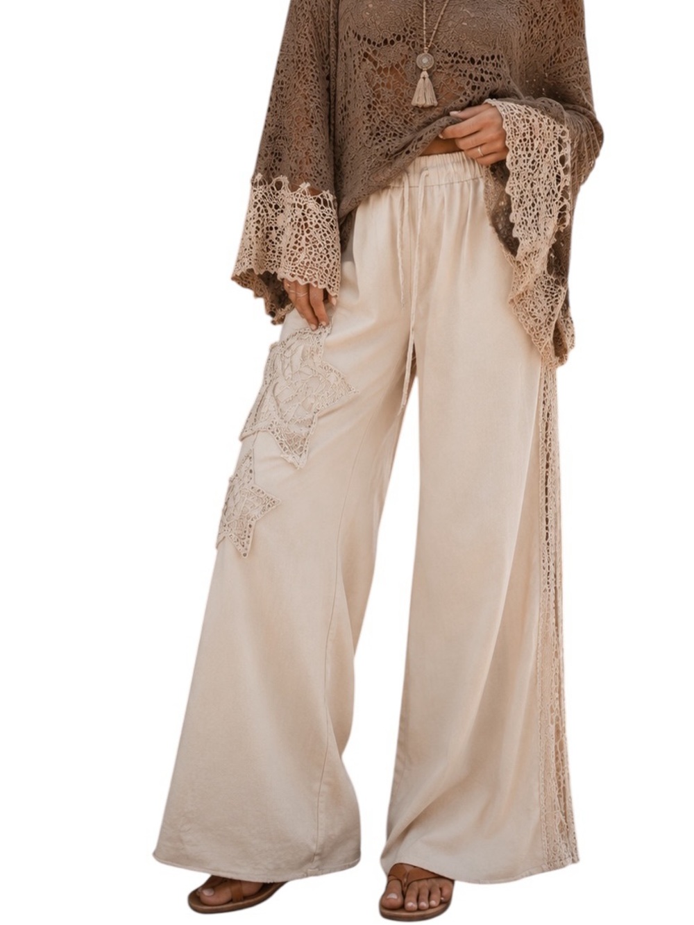 POL Cream Beige French Terry Cotton Elastic Drawstring Pant
